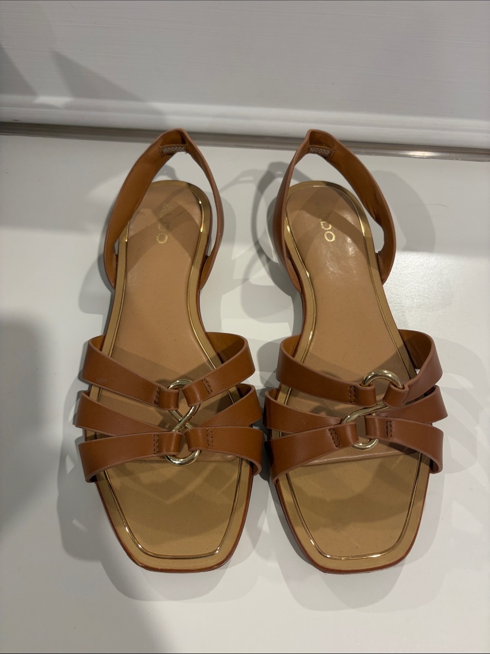 Aldo Brown Leather Strappy Slingback Sandals with Gold Ring